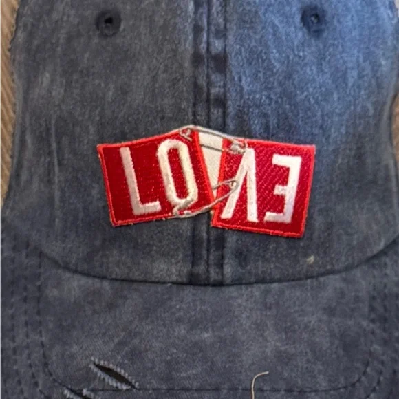 New Custom Designed Blue & Tan Mesh Distressed Trucker Hat with Embroidered LOVE